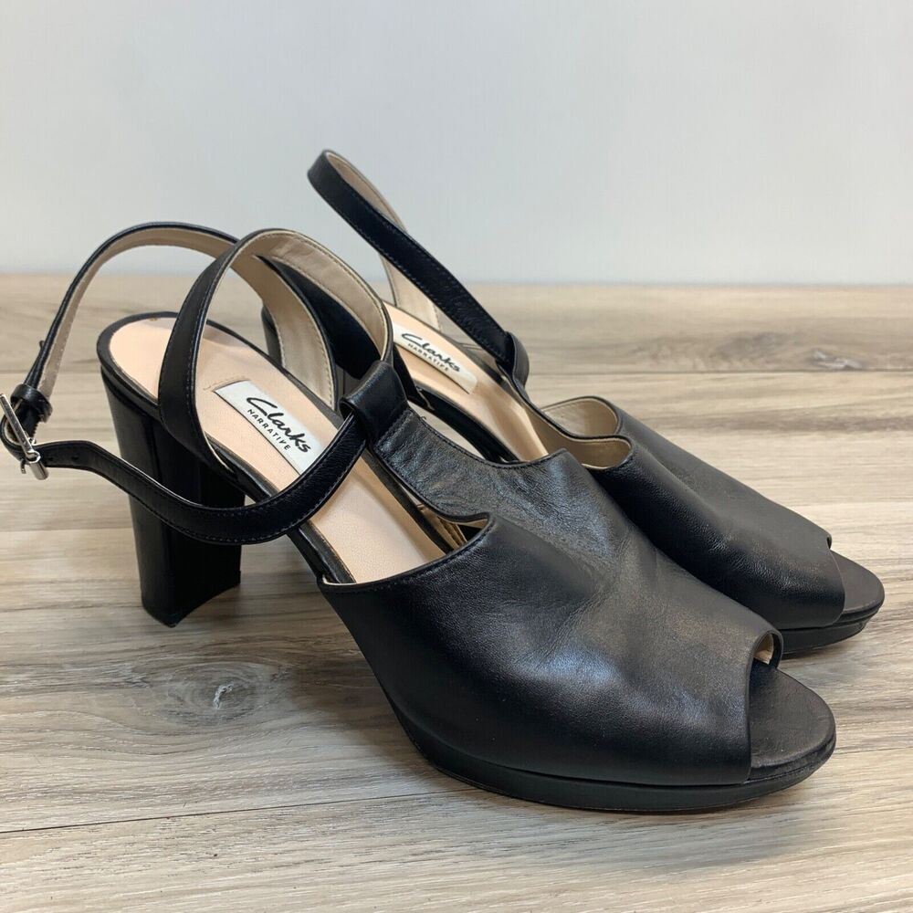Clarks Kendra Charm Leather Sandals Black T-Strap Block‎ Heel Open Toe Size 9M
